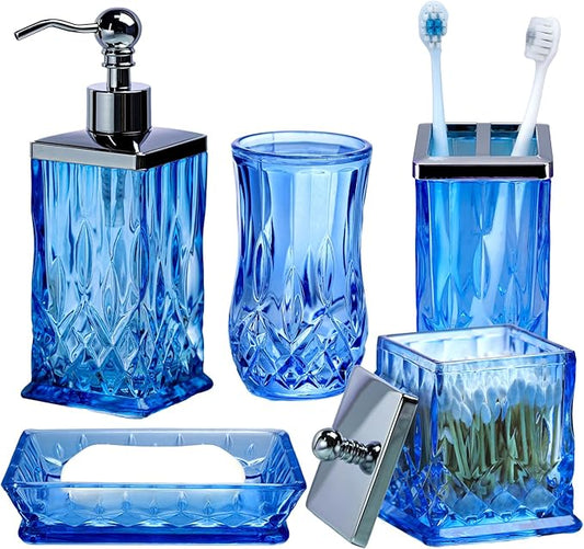 Bathroom Accessories Set,5 Pcs Blue Glass Bathroom Accessory Set,Complete Lotion Soap Dispenser, Toothbrush Holder,Soap Dish,Tumbler & Jar,Modern Bathroom Decor Sets Gift,Square