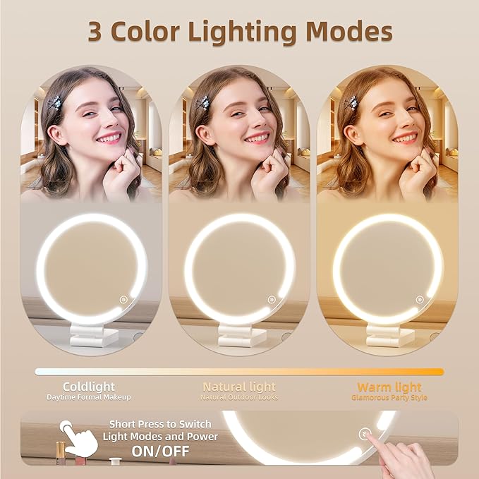 Travel Makeup Mirror with Lights, 20X/1X Double-Sided Magnifying Mirror with 3 Color Lights, Brightness Adjustable, Rechargeable, Foldable Handheld Makeup Mirrors Portable for Travel Use