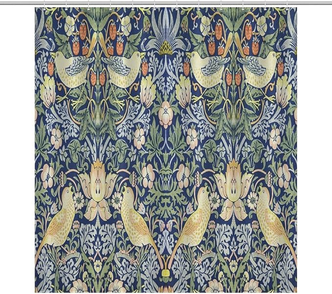 William Morris Shower Curtain,Original Design Vintage Flower Birds Strawberry Thief Pattern Print Shower Curtains Sets Polyester Waterproof Fabric Decor Bathroom Curtain 66"×72" Inch With 12 Hooks