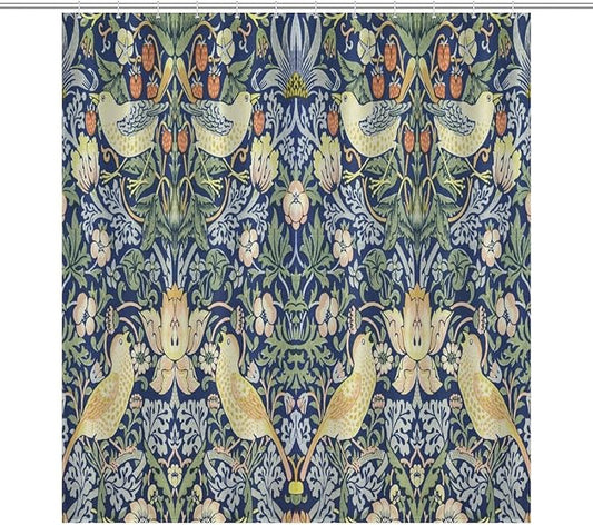 William Morris Shower Curtain,Original Design Vintage Flower Birds Strawberry Thief Pattern Print Shower Curtains Sets Polyester Waterproof Fabric Decor Bathroom Curtain 66"×72" Inch With 12 Hooks