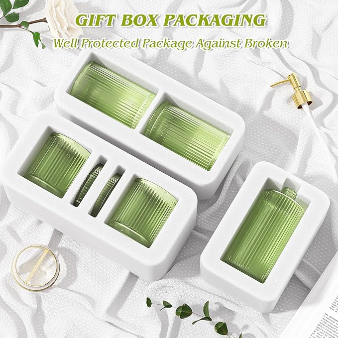 BSSN 5-Piece Green Glass Bathroom Accessories Set - Vintage Ribbed Thick Glass - Includes Soap Dispenser, Toothbrush Holder, Tumbler, 2 Q-tip Jars - Retro Bathroom Counter Organizer & Decor