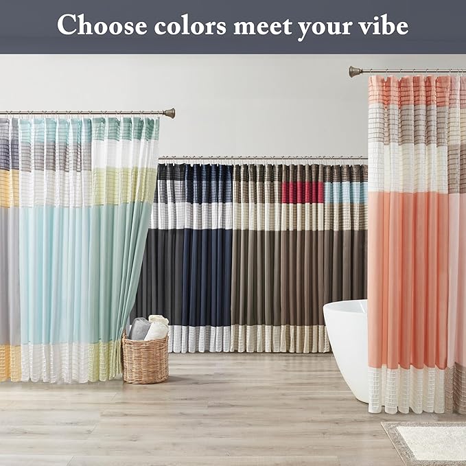 Madison Park Amherst Bathroom Shower Curtain Faux Silk Pieced Striped Modern Microfiber Bath Curtains, 72x84 Inches, Navy