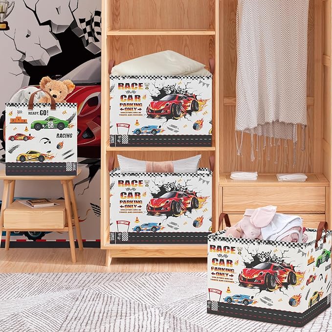 Race Car Toy Storage Basket, Collapsible Kids Laundry Hamper with Parking Sign, Car Themed Storage Organizer Bin for Boys Room, Nursery, Bathroom-36L Tire Toy Box