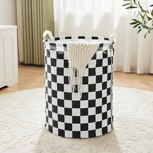Ohocut Black White Checkered Laundry Basket, Collapsible Aesthetic Cute Canvas Organizer Hamper Basket for Storage, Toy Bins, Bedroom Clothes, Children Nursery, Gift Basket
