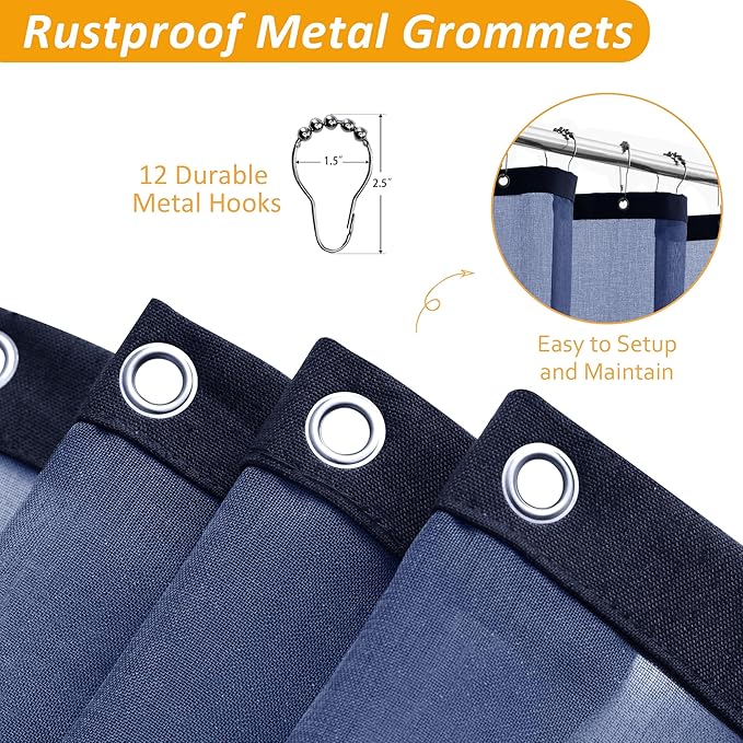 Naturoom Navy Blue Linen Shower Curtain with Fabric Liner Set Rustic Style Modern Farmhouse Shower Curtains for Bathroom 200GSM Burlap Cloth Double Bath Curtains with See Through Top Window 72x72