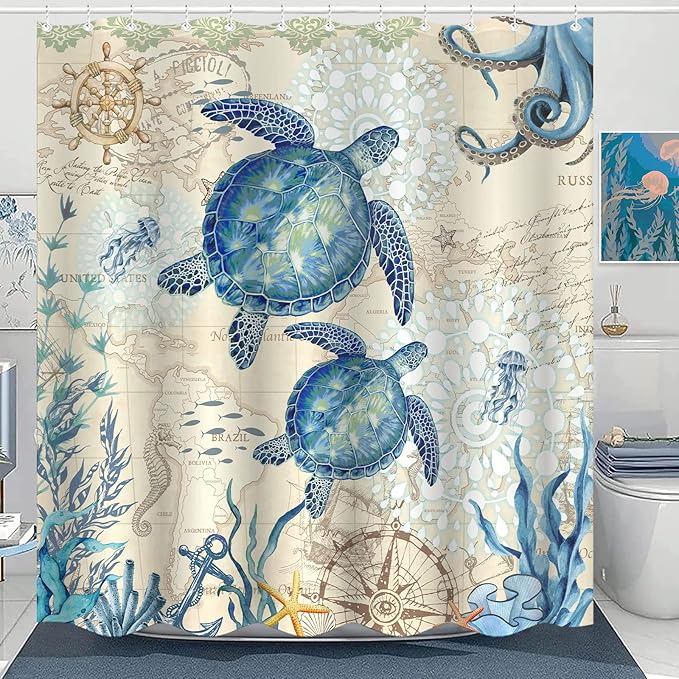 Aipon Nautical Sea Turtle Shower Curtain Ocean Octopus Beach Coastal Blue Seashell Jellyfish Theme Extra Long Waterproof Fabric Shower Curtains for Bathroom Bath Curtain Decor (Green6, 72'' × 78'')