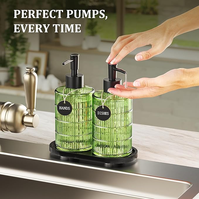 MASADI Soap Dispenser Set with Bamboo Tray, Dish and Hand Soap Lotion Dispenser Set with Wooden Pump for Kitchen and Bathroom Decor for Counter, Modern Vintage Liquid Soap Dispensers (Green&Black)