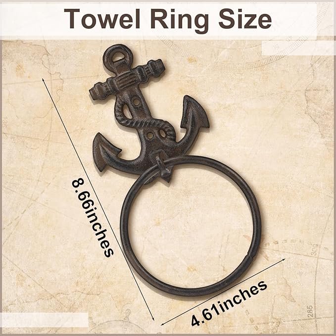 2 Pcs Nautical Towel Ring Cast Iron Anchor Hand Towel Holder Vintage Decorative Wall Mount Kitchen Bathroom Hanger for Ocean Nautical Bathroom Decor Accessories(Rust)
