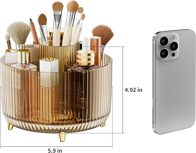 Clear Rotating Makeup Organizer Countertop for Vanity, 360?? Makeup Brush Holder Organizer with 5 Compartments, Transparent Cosmetic Storage for Lipstick, Skincare, Bathroom Counter (Transparent Amber)