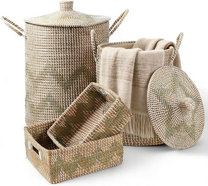 Laundry Hamper Baskets with Lids - 4 Pack Woven Seagrass Hamper with Washable Liner, Home Storage Organization Bins for Clothes, Toys, Hamper with Lid for Bedroom, Bathroom, Laundry Room & Kitchen