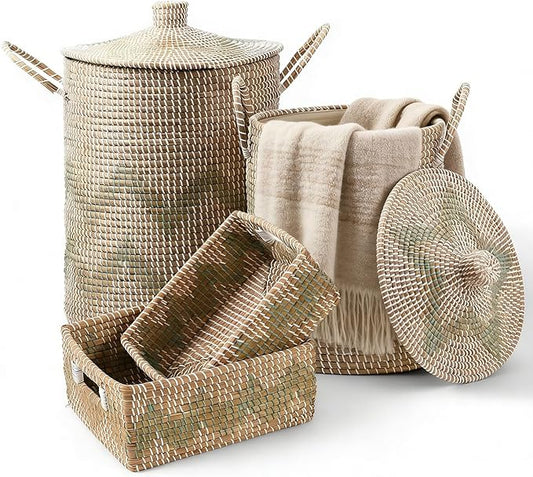 Laundry Hamper Baskets with Lids - 4 Pack Woven Seagrass Hamper with Washable Liner, Home Storage Organization Bins for Clothes, Toys, Hamper with Lid for Bedroom, Bathroom, Laundry Room & Kitchen