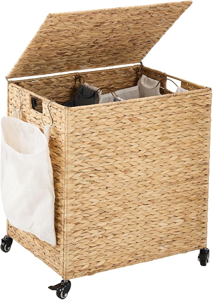 Laundry Hamper with Wheels, 40.92 Gallon(155L) Water Hyacinth Laundry Basket with Lid, 2-Section Wicker Clothes Hamper with 2 Removable Liners, Laundry Sorter with Side Pocket, Natural