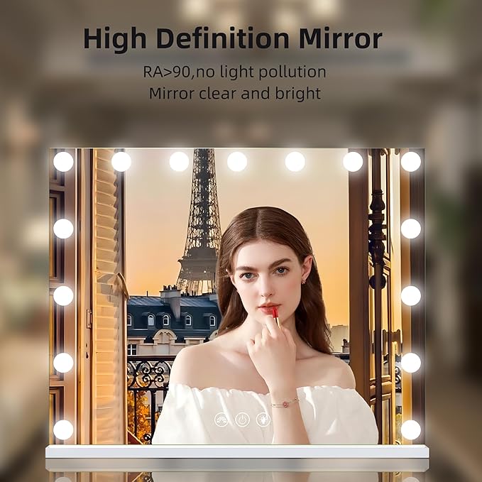 Hansong RGB Vanity Mirror with Lights 23" x 18" LED Hollywood Mirror Makeup Mirror with 15 Dimmable Bulbs and 10X Magnification 3 Colors Modes Touch Control