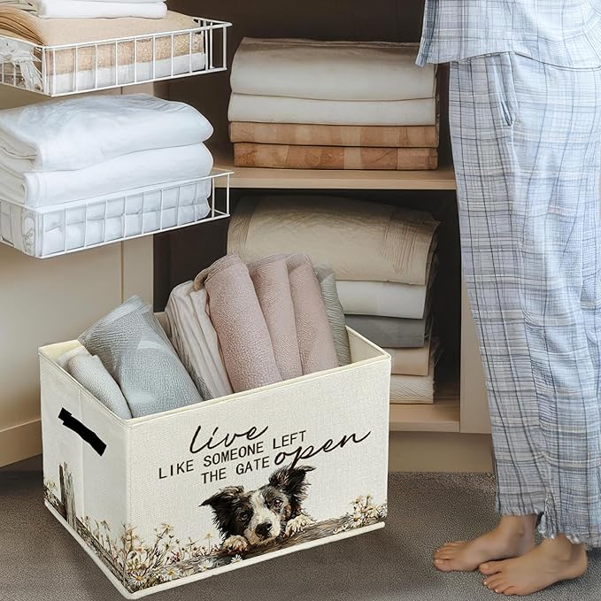 Border Collie Gifts Storage Bins with Handles, Rustic Farmhouse Dog Foldable Basket for Organizing, Live Like Someone Left the Gate Open Collapsible Storage Basket for Bedroom Bathroom