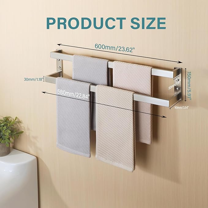Alise Double Towel Bar, 24" Towel Racks for Bathroom Wall Mounted SUS304 Stainless Steel, Heavy Duty Bathroom Towel Holder, Quick Drying Towel Hanger, Brushed Nickel