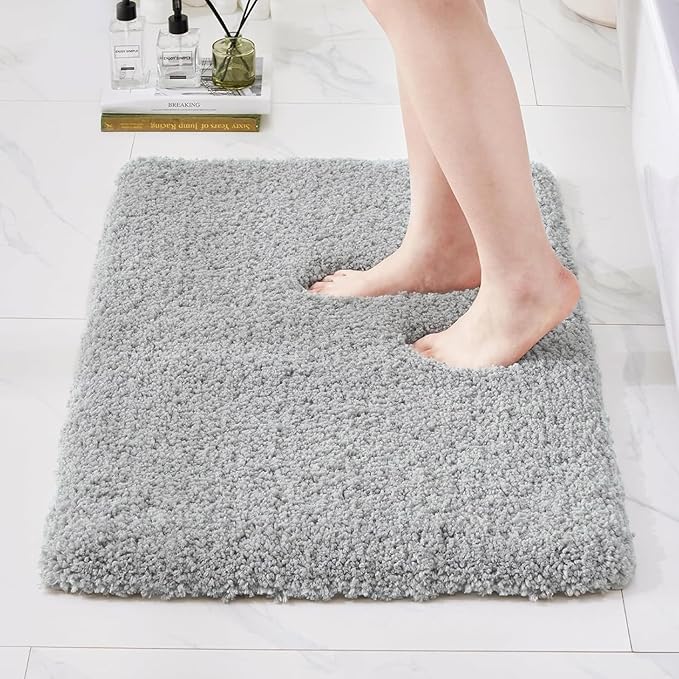 Bathroom Rugs Non Slip Washable 32x20, Ultra Thick Soft Microfiber Absorbent Bath Mats, High Density Foam Latex Non Slip Backing Bath Rugs, Fluffy Floor Carpet for Tub&Shower, Grey