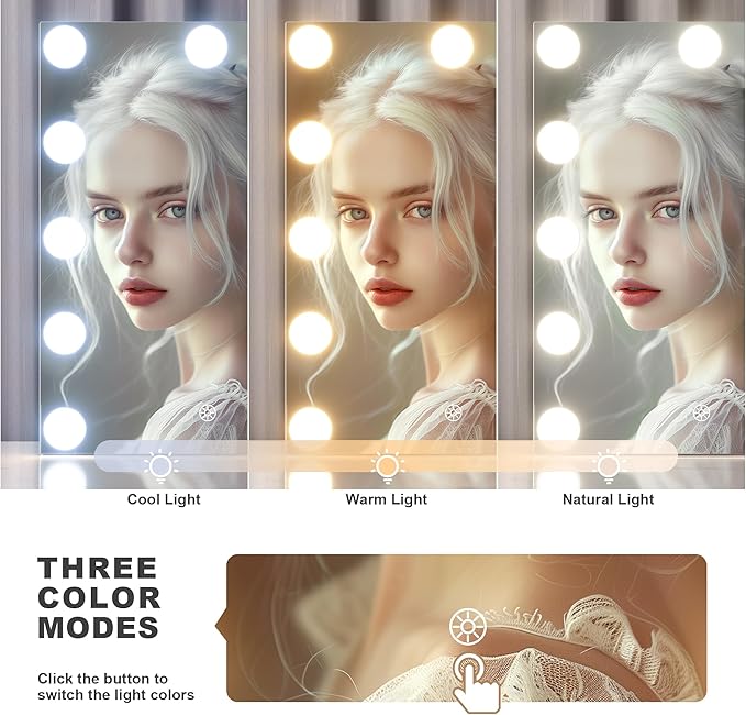 Hasipu Vanity Mirror with Lights and Bluetooth Speaker, 17.7" x 13.8" Hollywood Mirror, Makeup Mirror with 14 Dimmable Bulbs and 10X Magnification, 3 Colors Modes, 360° Rotation, White