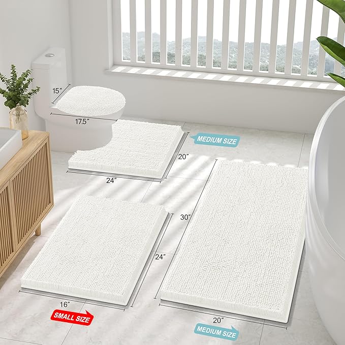 Smiry Luxury Chenille Bathroom Rugs 70x24, Extra Soft and Absorbent Shaggy Bath Mat, Machine Washable, Non-Slip Plush Carpet Runner for Tub, Shower, and Floor, Home Decor Accessories, Ivory