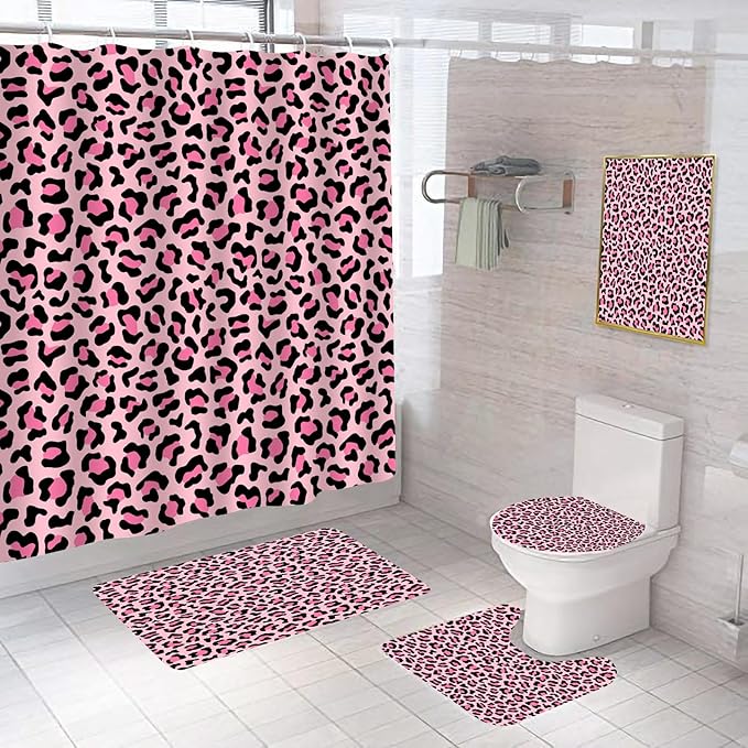 Onalasyc 5Pcs Pink Leopard Shower Curtain Set, Wall Painting Bathroom Sets with Shower Curtain and Rugs, Cheetah Print Bathroom Wall Art Decor Painting Shower Curtains Sets with Rugs