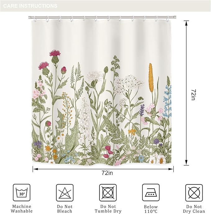 Riyidecor Wildflower Botanical 4Pcs Bathroom Shower Curtain Sets Floral Flower Herbs Green Leaf Bathroom Decor Set with Rugs and Accessories Plant Toilet Lid Rug, Contour and Bath Mat with 12 Hooks