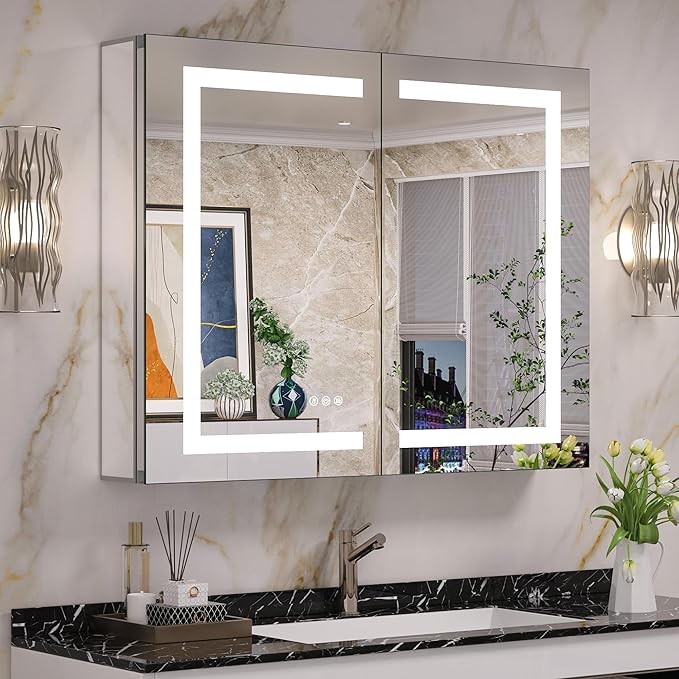 Keonjinn 36x30 Inch Lighted Medicine Cabinet with Mirror, Medicine Cabinet with Lights 3 Color Dimmable with Defogger and Outlets, UL Listed, Tempered Glass Recessed/Wall Mounted Mirror with Storage