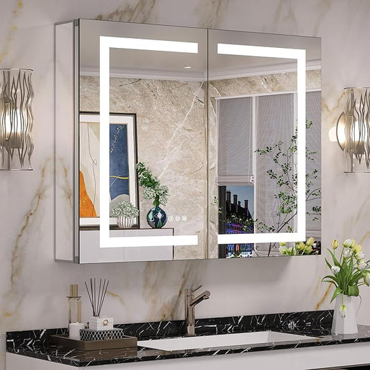 Keonjinn 36x30 Inch Lighted Medicine Cabinet with Mirror, Medicine Cabinet with Lights 3 Color Dimmable with Defogger and Outlets, UL Listed, Tempered Glass Recessed/Wall Mounted Mirror with Storage