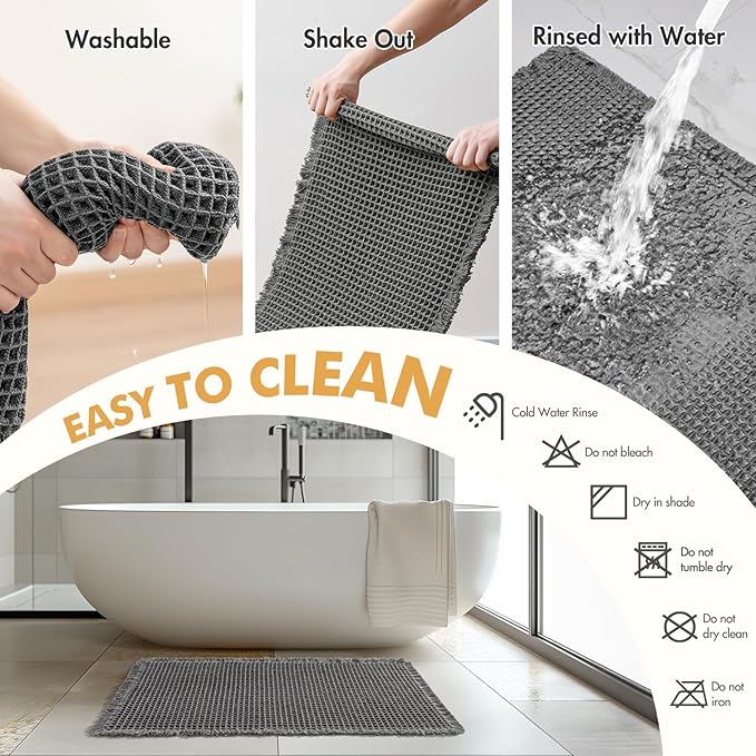 MIULEE Set of 2 Waffle Bathroom Rugs, Boho Bath Rugs Non Slip Washable, Super Absorbent Bath Mats, Ultra Soft Rubber Backed Shower Mats for Bathroom Floor, Tub, Dark Grey, 17"x24"+18"x30"