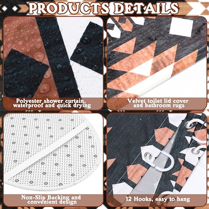 FuWeave 8 Pcs Western Aztec Shower Curtain Set Geometric Vintage Bathroom Decor Boho Abstract Pattern Waterproof Shower Curtain Aztec Towels Non Slip Rug Toilet Lid Cover Bath Mat with 12 Hooks