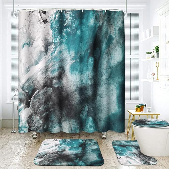 Britimes 4 Piece Shower Curtain Sets with 12 Hooks, Watercolor Oil Colorful Vintage Black with Non-Slip Rugs, Toilet Lid Cover and Bath Mat for Bathroom Decor Set 72" x 72"