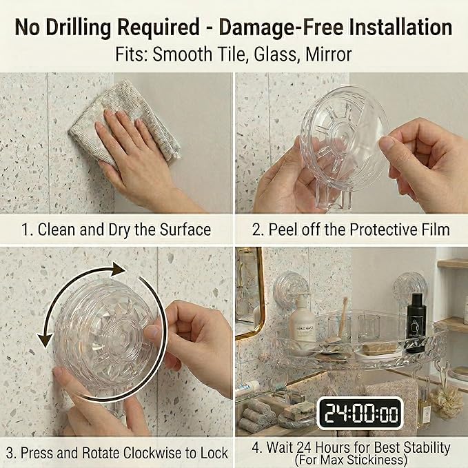Corner Shower Caddy with Strong Suction Cups, No-Drill 90° Corner Shower Organizer with Hooks, Removable Wall Mounted Shelf for Tile, Glass & Metal (White/Clear)