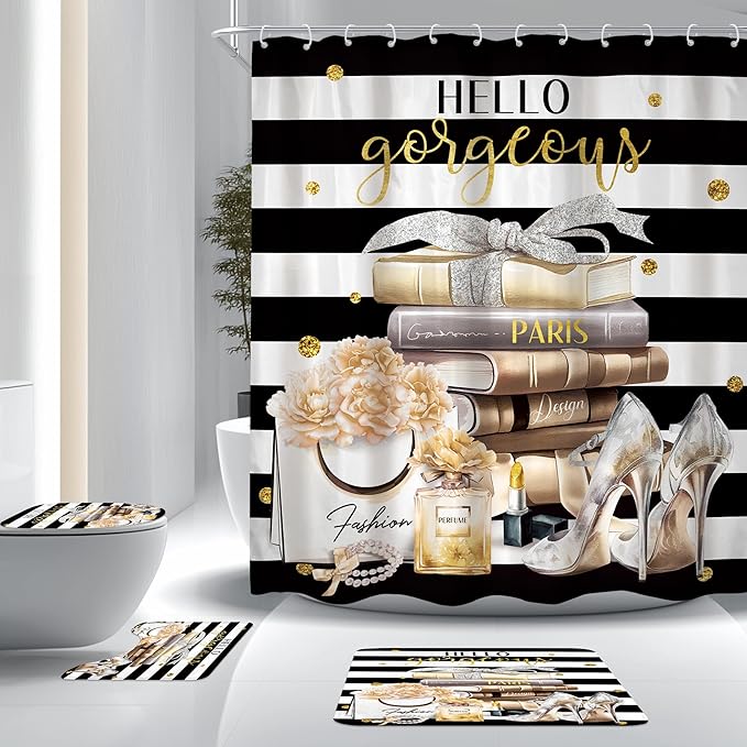 Cinbloo 4Pcs Black Yellow Shower Curtain Set, Fashion Flower Perfume Women Girl Girly Modern Bathroom Curtain with Rug, Toilet Lid Cover, Bath Mat, High Heels Magazine Shower Curtain with 12 Hooks