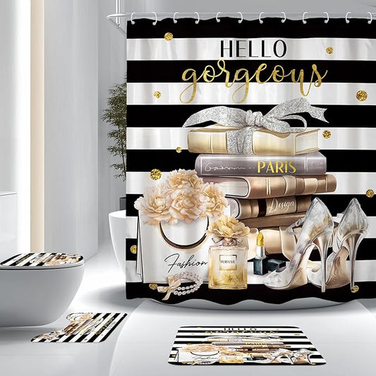 Cinbloo 4Pcs Black Yellow Shower Curtain Set, Fashion Flower Perfume Women Girl Girly Modern Bathroom Curtain with Rug, Toilet Lid Cover, Bath Mat, High Heels Magazine Shower Curtain with 12 Hooks