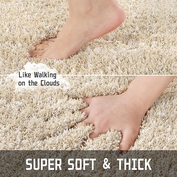 Yimobra Luxury Bathroom Rugs, Fluffy Bath Mats, Non Slip, Water Absorbent Microfiber, Machine Washable, Plush Runner Shower Rugs, Thick Matts for Bathroom Floor/Tub, 60"x 24", Light Beige and White