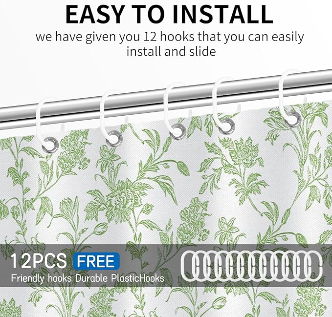 Seorsok Green Shower Curtain,Sage Floral Cotton Linen Cottagecore,Elegant Floral Fabric Shower Curtain Machine Washable Waterproof Bathroom Decor 72'Wx72'L inches