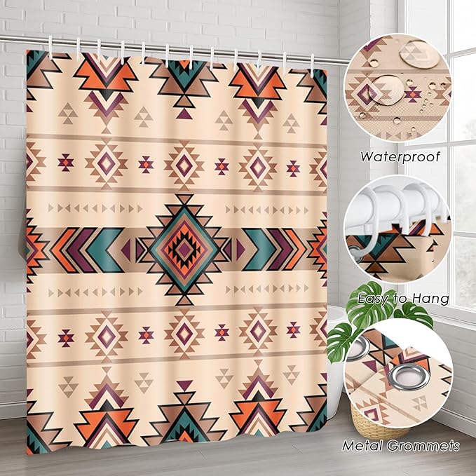 ArtSocket Boho Retro Bathroom Set with Shower Curtain and Rugs Accessory, Traditional Rhombus Summer Colorful Abstract Shower Curtain for Bathroom Decor 4 Pcs