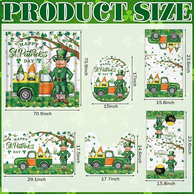 Nuanchu 6 Pcs St. Patrick's Day Shower Curtain Set with Rug Green Shamrock Clover Bathroom Sets with Shower Curtain Bath Mat U Shaped Mat Toilet Lid Cover 2 Bath Towels and 12 Hooks Bathroom Decor