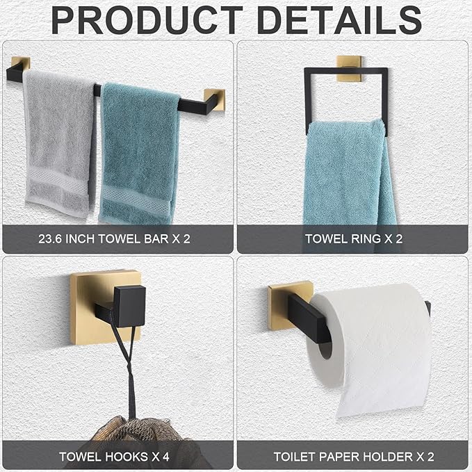Gisafai 10 Pcs Black Gold Bathroom Hardware Accessories Set 23.6 Inch Bath Towel Bar Kit Stainless Steel Bathroom Hardware Set Towel Racks Ring Robe Hooks Paper Holder for Wall Mounted