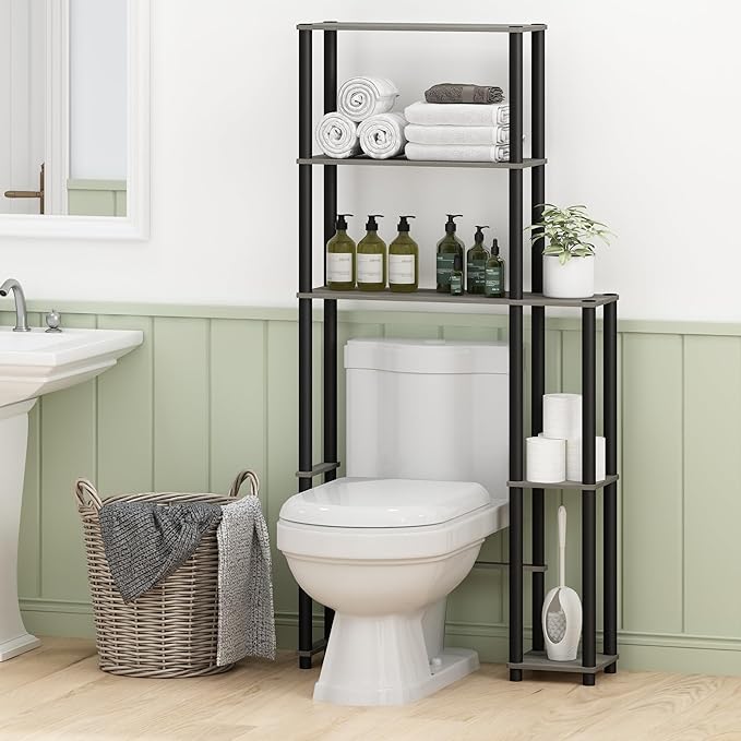 Furinno Turn-N-Tube Over The Toilet Storage, 5-Shelf Over The Toilet Organizer, Freestanding Space Saver Bathroom Shelf, for Bathroom Organizers and Storage, Grey Oak