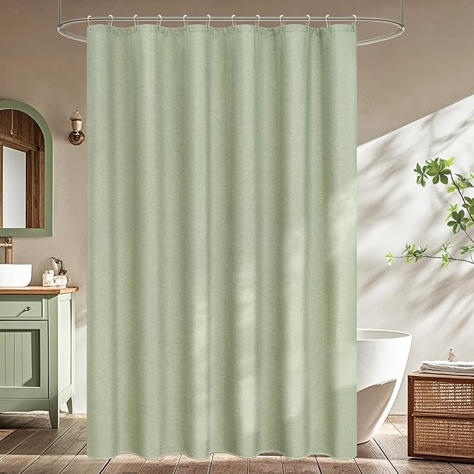 Natural Sage Green Linen Look Fabric Shower Curtain, Heavy Duty Faux Linen Textured Shower Curtain Water-Resistant, 72 x 72 Inch Soothing Forest Green Farmhouse Bathroom Decor Shower Curtains