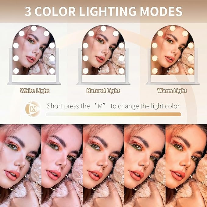 Arched Makeup Vanity Mirror with Lights LED Makeup Mirror Detachable 10X Magnification, Hollywood Make Up Mirror with Lighting, Smart Touch, Rechargeable,360° Rotation,White 14.17"x 11.81"