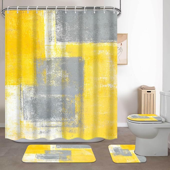 Lnond 4Pcs Bathroom Shower Curtain Sets with Rugs,Yellow and Grey Painting Art Bathroom Sets with Shower Curtain and Rugs and Accessories