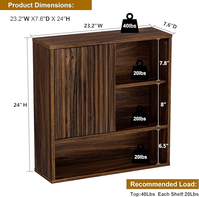 Farmhouse Bathroom Wall Cabinet Fluted,Medicine Cabinet Over The Toilet Storage Cabinet with Adjustable Shelf, Wood Wall Mounted Storage Cabinet Organizer 23.2Wx24Hx7.6D (Dark Walnut, Medium)