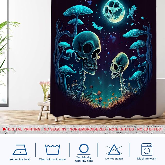 Shrahala Happy Halloween Funny Decorative Shower Curtain, Skeletons Grass Mushrooms Starry Sky Bathroom Décor Polyester Fiber Waterproof with Plastic Rings for Shower Stall Bathtubs 72 x 60 in