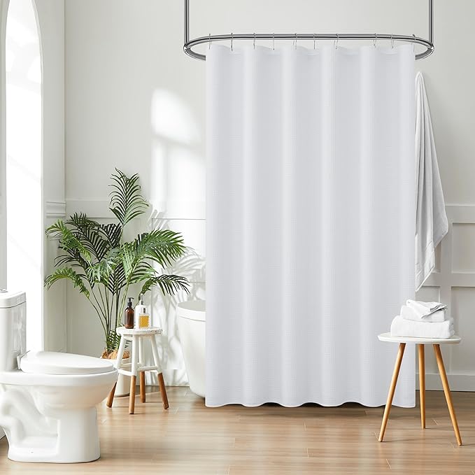 Luxury Waffle Weave Shower Curtain Elegant Hotel Style Fabric for Bathroom, Water Repellent, Machine Washable White Waffle