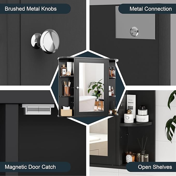 SUNLEI Bathroom Medicine Cabinet with Mirror, Wood Medicine Cabinet with Adjustable Shelf, Mirrored Door Over The Toilet Storage, Bathroom Wall Mirror Cabinet, Black