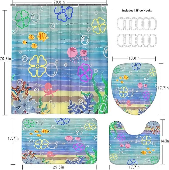 Yizheer 4Pcs Cute Beach Ocean Shower Curtain Sets, Cartoon Ocean Theme Bathroom Curtain with Rugs, Toilet Lid Cover and Bath Mat