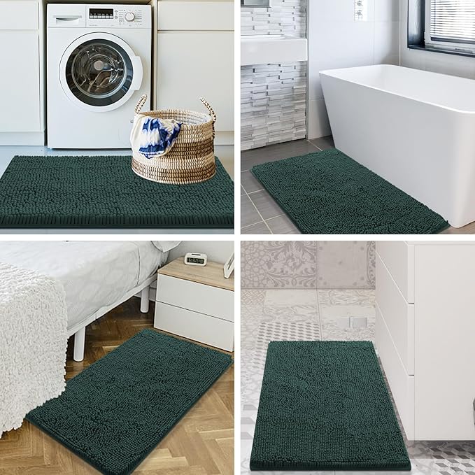 Smiry Luxury Chenille Bathroom Rugs 40x32, Extra Soft and Absorbent Shaggy Bath Mat, Machine Washable, Non-Slip Plush Carpet Runner for Tub, Shower, and Floor, Home Decor Accessories, Green