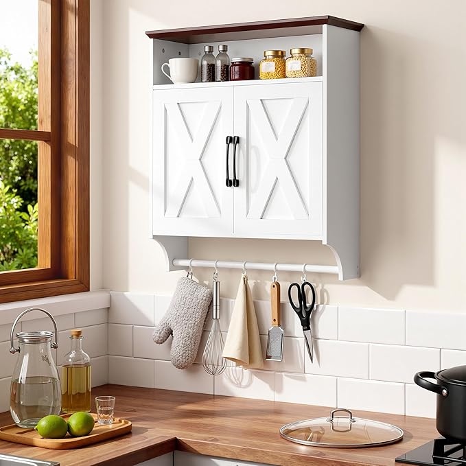 VECELO Bathroom Wall Cabinet with Motion Sensor LED Light, Farmhouse Medicine Cabinets with Open and Hidden Storage Space, Wall Mounted Storage Cabinet with Towels Bar for Bathroom, Kitchen, White