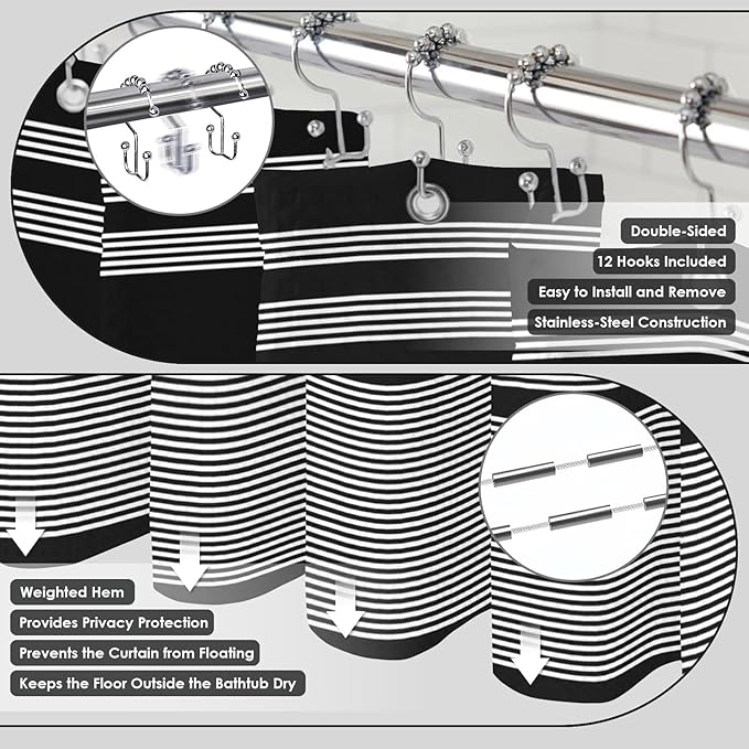Britimes Black Stripes Bathroom Sets with Shower Curtain and Rugs, Minimalist Striped Modern Waterproof Shower Curtain Liner and Soft Non Slip Bath Mat for Bathroom Decor and Accessories Hooks