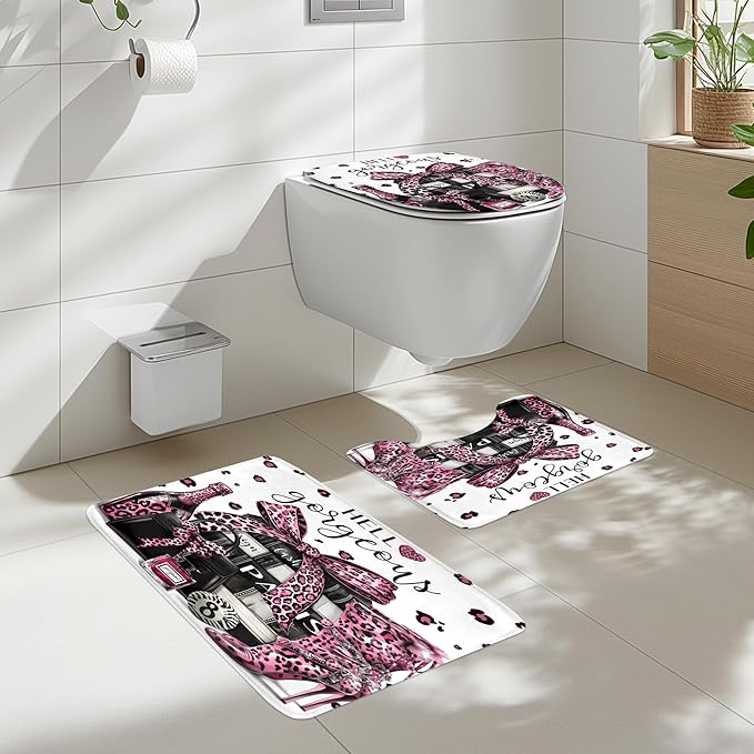 Cinbloo 4Pcs Black and Pink Leopard Print Shower Curtain Set,Fashion Modern Girly Bow Perfume Striped Bathroom Curtain with Rug,Toilet Lid Cover, Bath Mat,High Heels Books Shower Curtain with 12 Hooks
